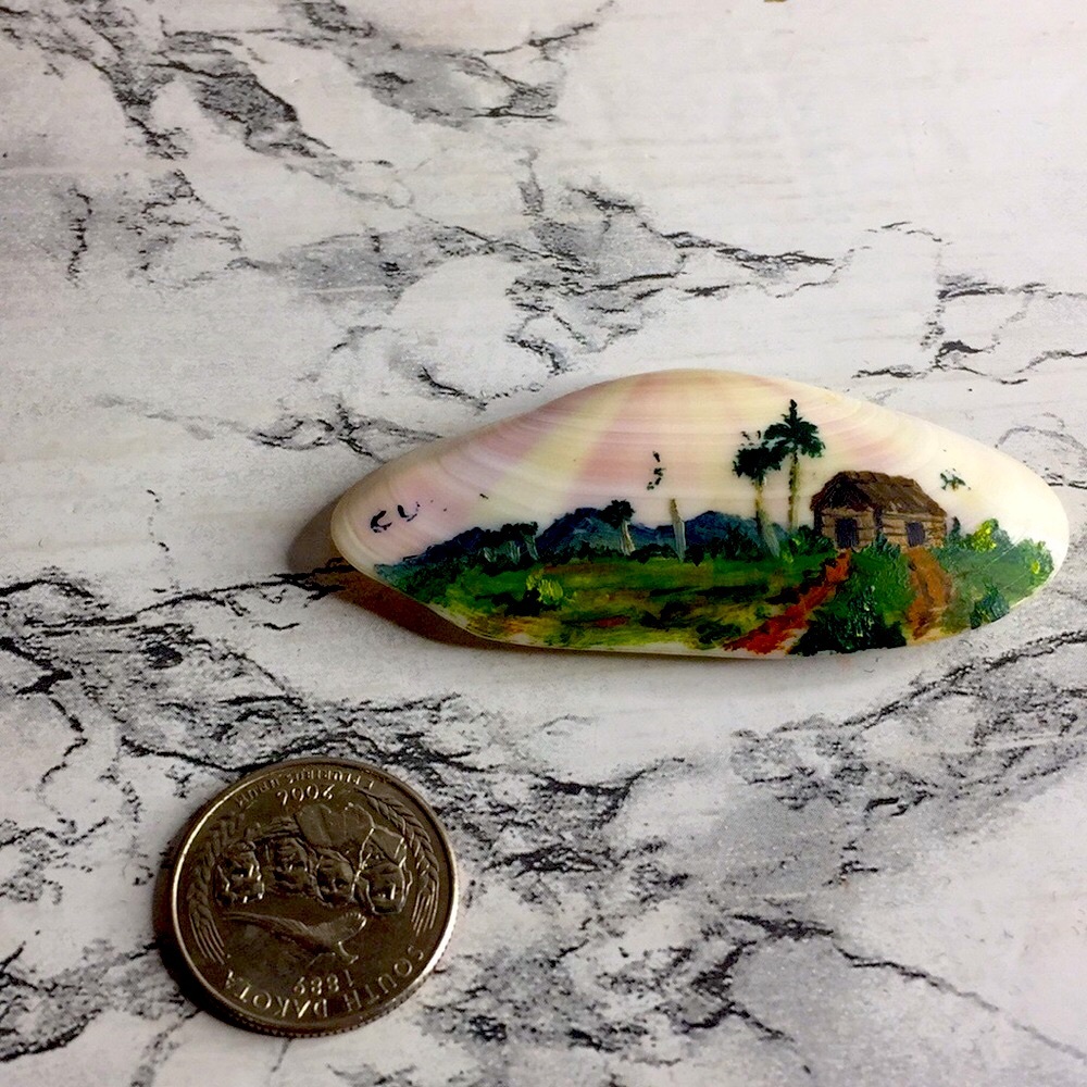 vintage Hand Painted Signed Tropical Hawaiian Folk
Art Oyster Shell Brooch - Picture 3 of 8